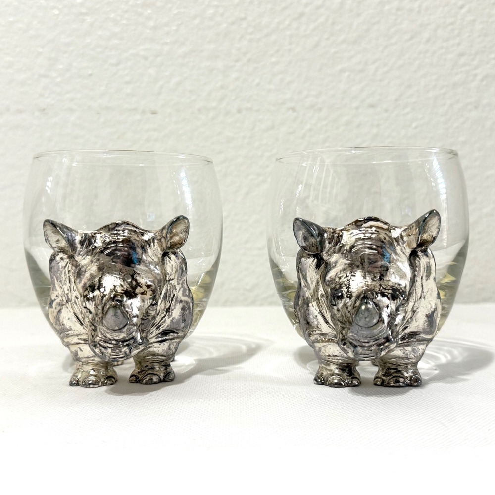 ⁠Arthur Court Rhino Whiskey Glasses Set of 2 Aluminum Metal Base Safari Barware⁠